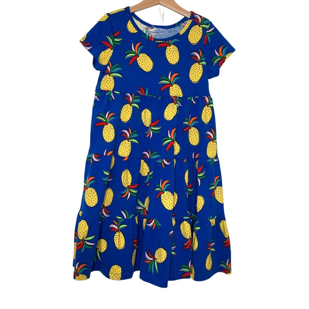Hanna Andersson Girls 100% Cotton Sz 10 -12 Pineapple Printed Dress Tiered Blue